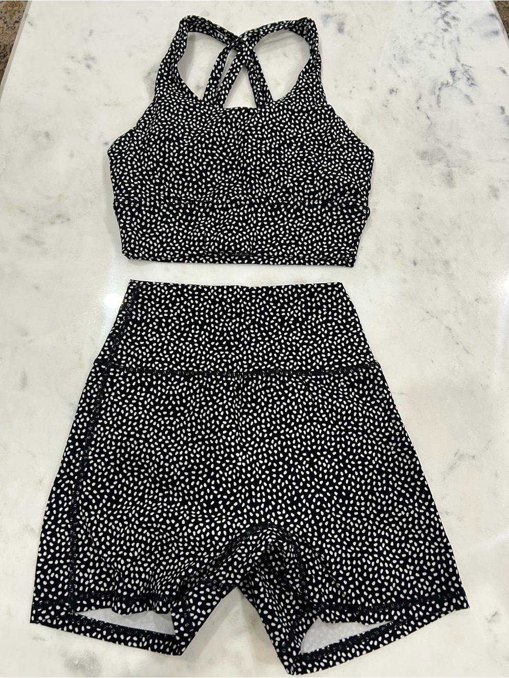 Black & White Speckled Crop Bralette, High-Waist Bike Shorts Set, and Tank